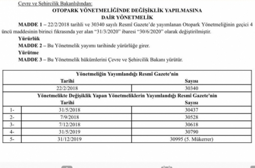 OTOPARK YÖNETMELİĞİNDE SÜRE UZATILDI.